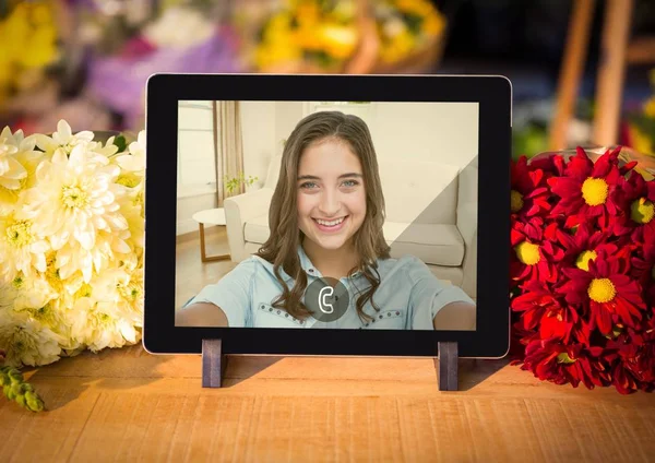 Incoming video call of women on digital tablet — Stock Photo, Image