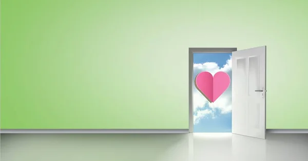 Door open to sky with pink heart shape — Stock Photo, Image