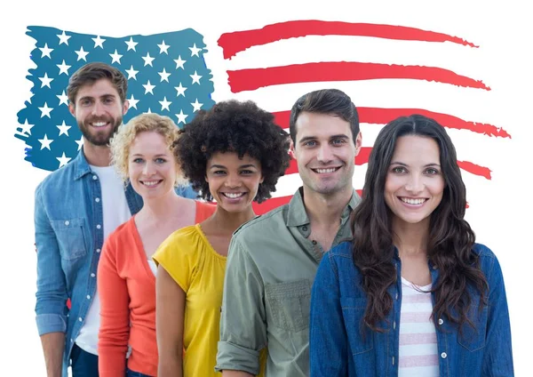 Grupo de personas felices de pie contra la bandera estadounidense —  Fotos de Stock