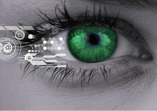 Frau grüne Augen mit Schnittstelle Bildschirm — Stockfoto