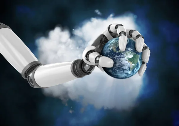 Robot hand holding globe in front of cloud — Stock Photo, Image