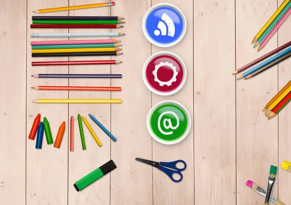 Various icon on color paint with coloring pencils — Stock Photo, Image