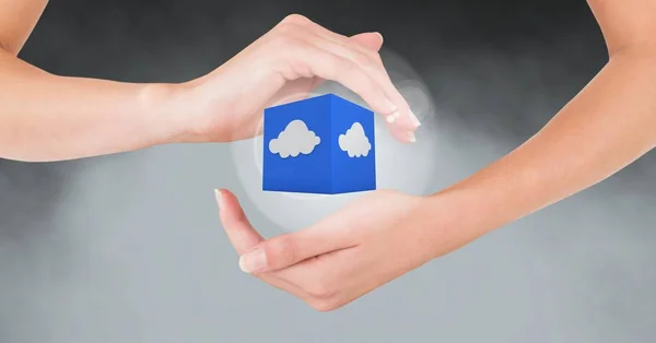 Hands gesturing against cloud computing icon — Stock Photo, Image