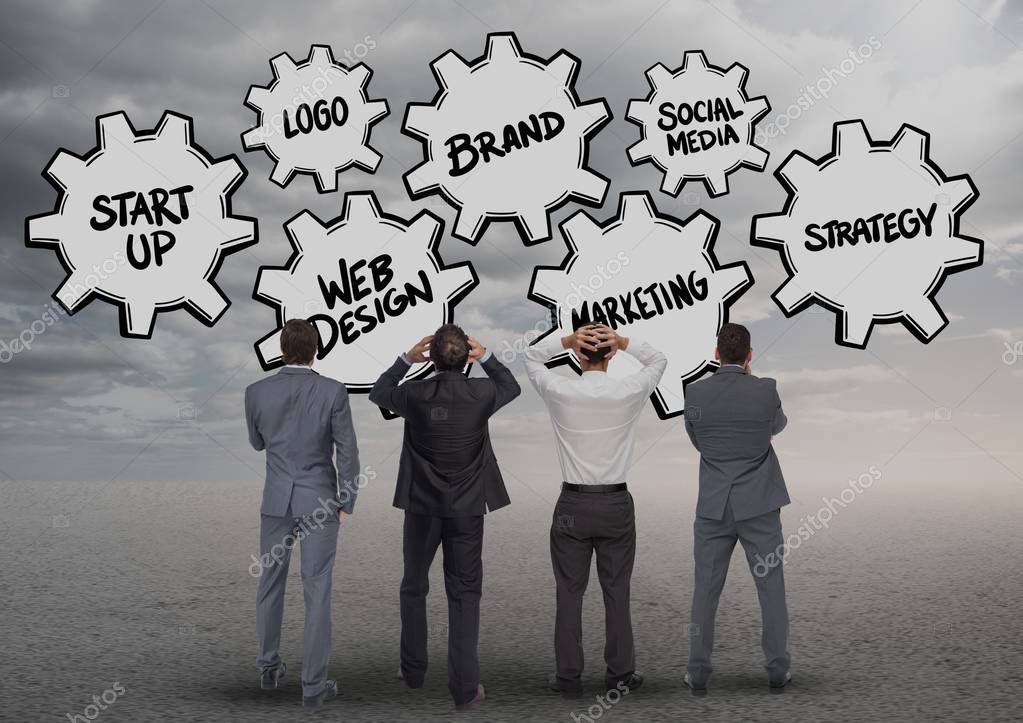 Digitally composite of confused businessmen looking at business concept