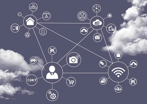 Connecting icons with clouds in background — Stock Photo, Image