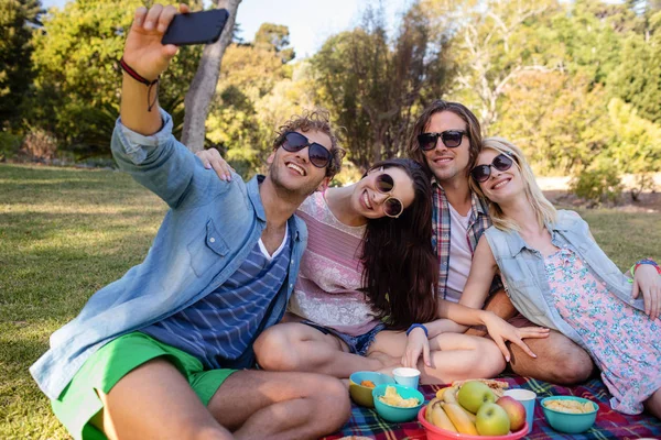 Vänner att klicka selfie samtidigt ha picknick — Stockfoto