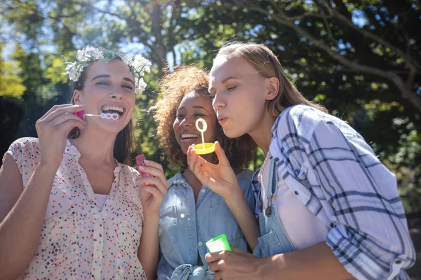 Donne amiche che soffiano bolle nel parco — Foto Stock