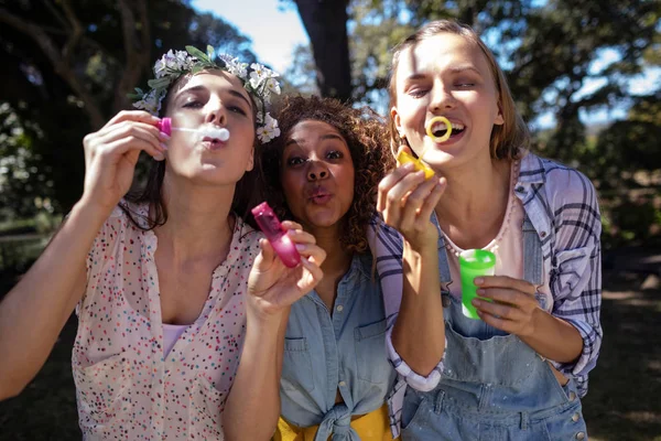 Donne amiche che soffiano bolle nel parco — Foto Stock