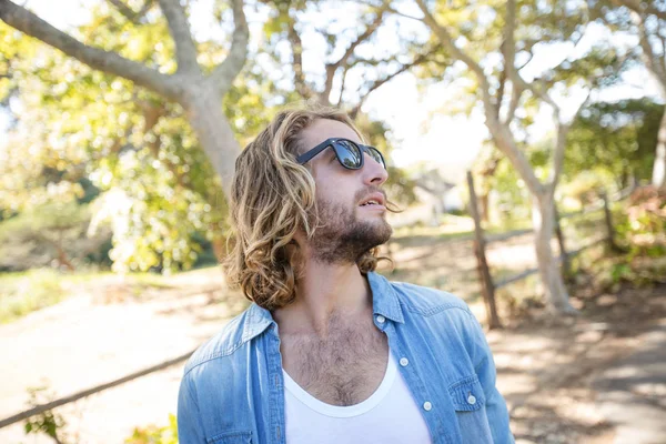 Man in zonnebril permanent in park — Stockfoto