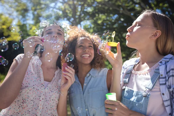 Female friends blowing bubbles in park — Stock Photo, Image