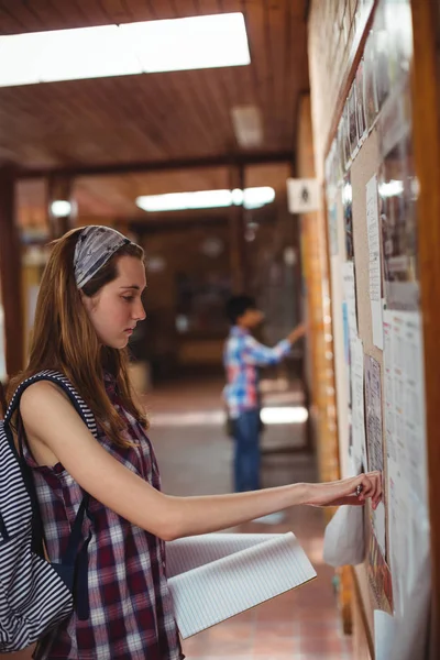 Studentessa lettura bacheca in corridoio — Foto Stock