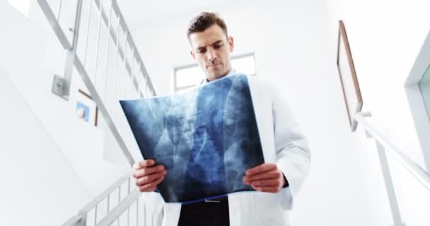 Arzt und Krankenschwester diskutieren über Röntgenbericht auf Flur — Stockvideo