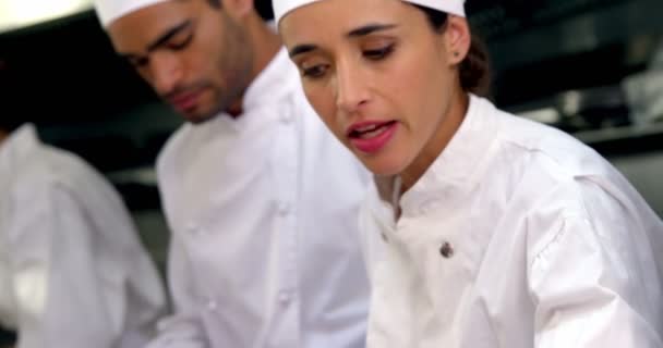 Equipo de chefs trabajando en el mostrador de cocina — Vídeo de stock