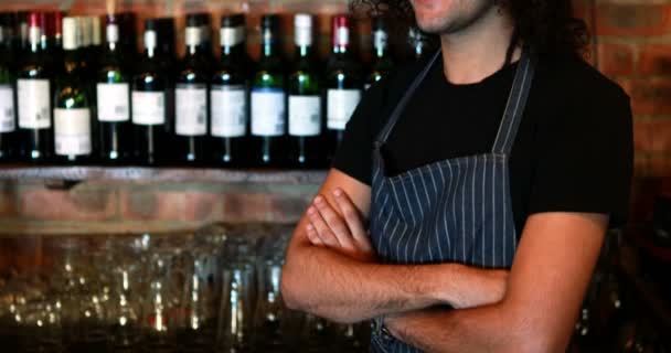 Retrato de barman de pé com os braços cruzados no balcão do bar — Vídeo de Stock