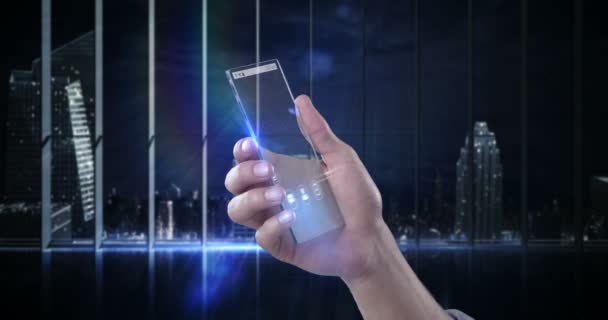 Ruce drží futuristic mobilní telefon digitálně vygenerovaný pozadí — Stock video