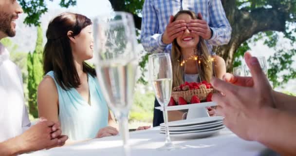 Przyjaciele obchodzi urodziny womans w restauracji na świeżym powietrzu — Wideo stockowe