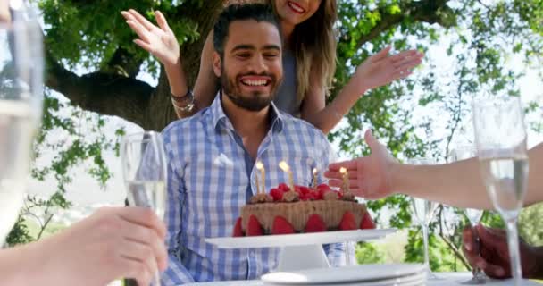 Amis célébrant mans anniversaire au restaurant en plein air — Video