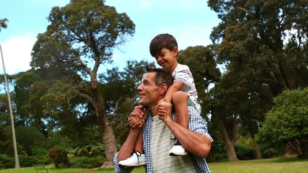Отец носит сына на плечах в парке — стоковое видео