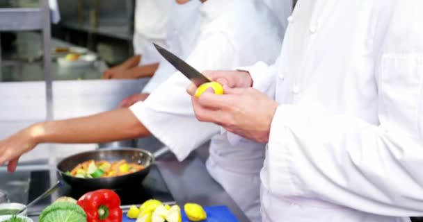 Team von Köchen schneidet Gemüse und bereitet Essen zu — Stockvideo