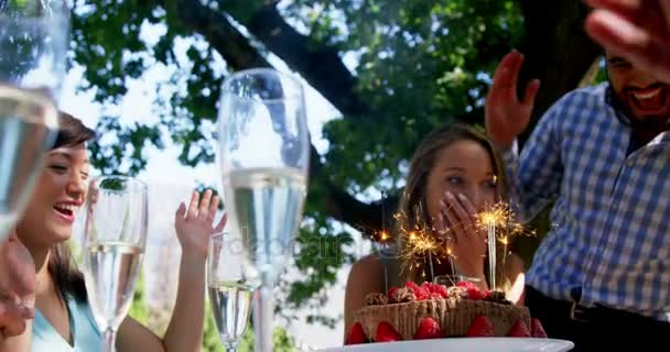 Amigos celebrando cumpleaños de mujeres en restaurante al aire libre — Vídeos de Stock