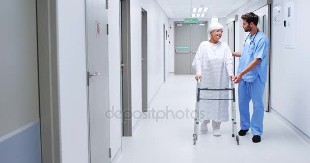 Infermiera maschile che assiste il paziente anziano nell'utilizzo di un telaio a piedi — Video Stock