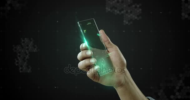 Ruce drží futuristic mobilní telefon digitálně vygenerovaný pozadí — Stock video