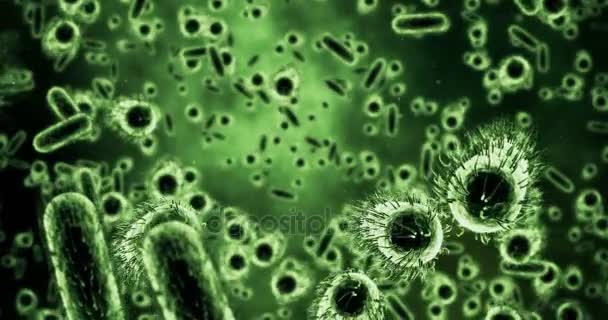 Digitale gegenereerde bacteriën cellen stroomt tegen de groene achtergrond — Stockvideo