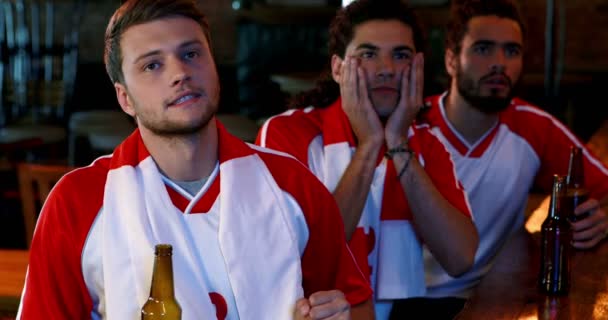 Amigos animando mientras toman cerveza en el mostrador del bar — Vídeos de Stock