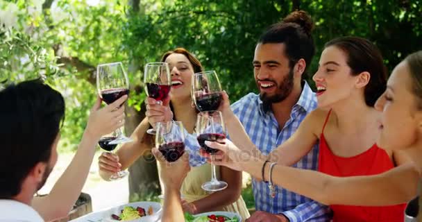 Gruppe von Freunden stößt mit Rotweingläsern an — Stockvideo
