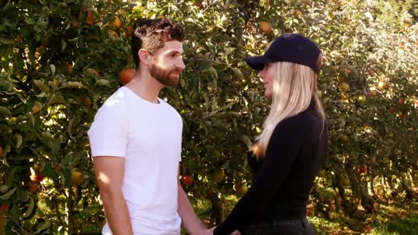 Par interagera varandra i äppelträdgård — Stockvideo