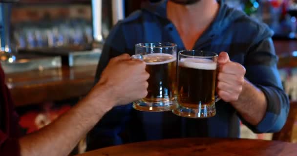 Vrienden interactie tijdens het roosteren van glazen bier — Stockvideo