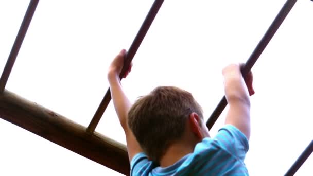 Мальчик играет на обезьяньих барах на детской площадке — стоковое видео