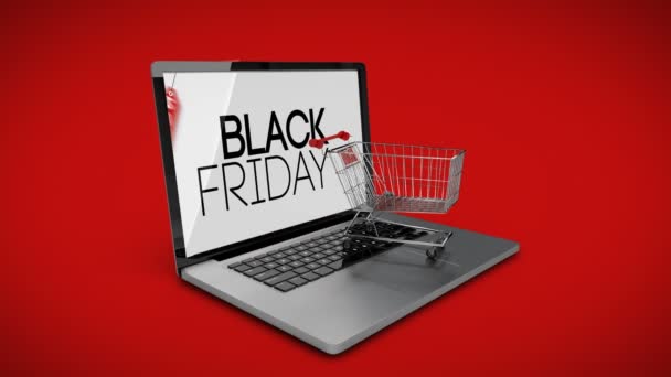 Trolley mit Boxen auf Laptop mit Black Friday Verkaufsschild — Stockvideo