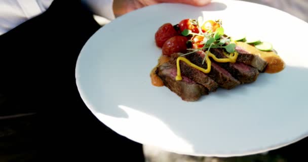 Mittelteil der Kellnerin hält Tablett mit Frühstück — Stockvideo