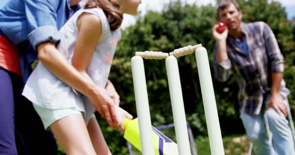 Счастливая семья играет в крикет — стоковое видео