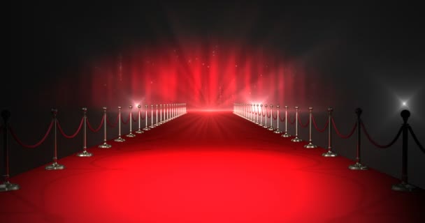 Roter Teppich mit Scheinwerfern vor rotem Hintergrund — Stockvideo