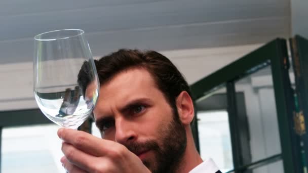 Waiter examining a empty wine glass — Stock Video