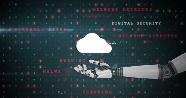 Ρομποτικό χέρι παρουσιάζοντας ψηφιακή σύννεφο σύμβολο περιβάλλεται με συσκευή σπίτι εικονίδια — Αρχείο Βίντεο