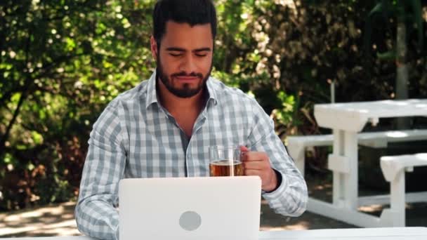 Homem sorridente bebendo um copo de cerveja enquanto trabalhava no laptop — Vídeo de Stock