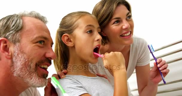 浴室で歯を磨く家族 — ストック動画