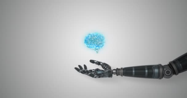 Robotic hand presenting digital human brain — Stock Video