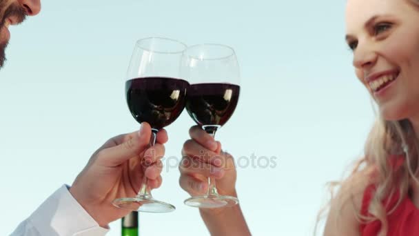 Sorridente coppia romantica brindare bicchieri di vino — Video Stock