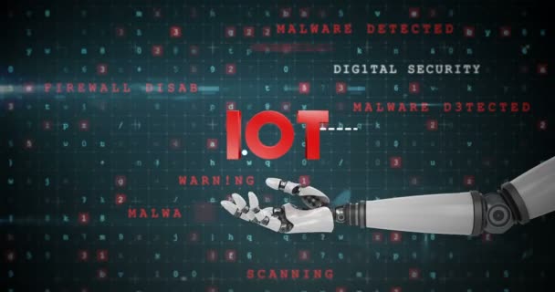 Main robotique présentant le symbole iot numérique entouré d'icônes de l'appareil ménager — Video