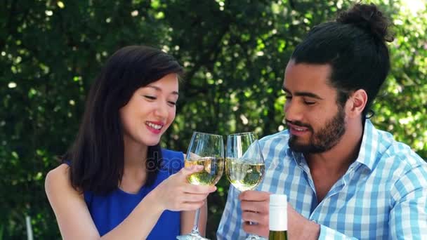 Χαμογελώντας Ρομαντικό ζευγάρι φρυγανίσματος ποτήρια κρασιού — Αρχείο Βίντεο