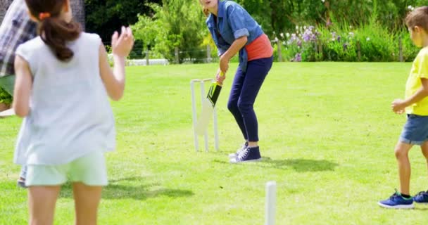 Lycklig familj spelar cricket — Stockvideo