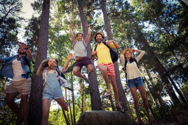 Grupp av vänner att ha kul i skogen — Stockfoto