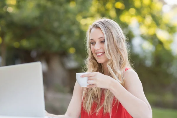 Mujer tomando café mientras usa el portátil — Foto de Stock