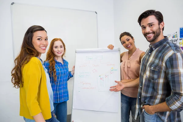 Smiling executives discussing over flip chart board in conference room meeting — Stock Photo, Image