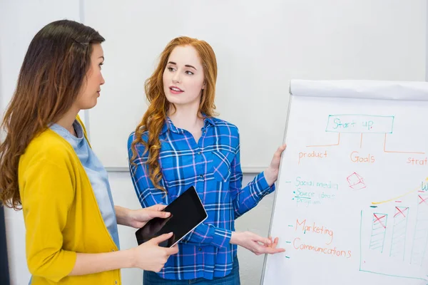 Colegas discutindo sobre flip chart board na sala de conferências — Fotografia de Stock