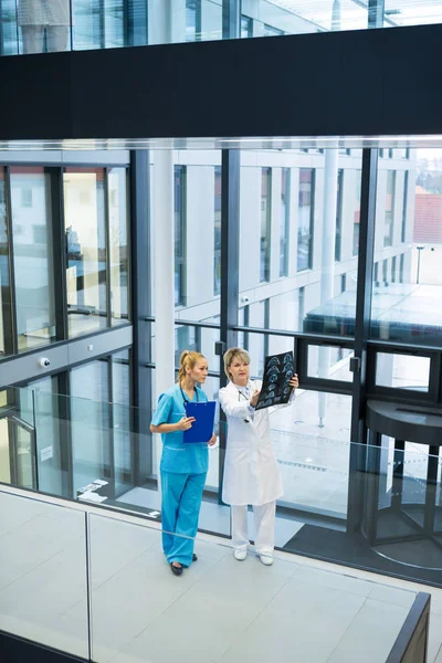 Female doctor and nurse examining x-ray report — Stock Photo, Image